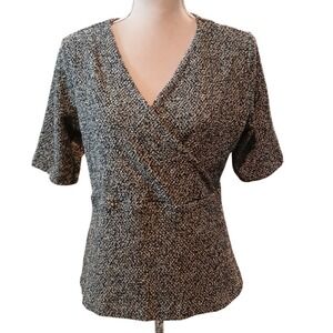 Ann Taylor Womens L Black Gold Metallic Boucle Knit Wrap V-Neck Short Sleeve Top